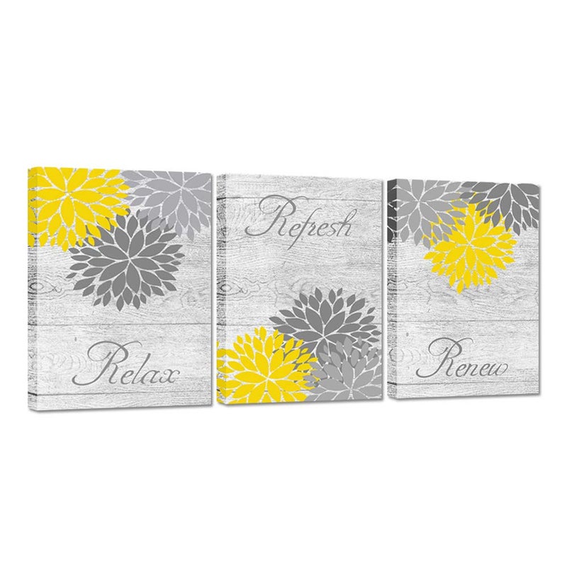 Zlove Yellow and Grey Bathroom Decor, Dahlia Flower Pictures Wall Art - Relax Refresh Renew Bathroom Pictures Wall Decor, 12"X16", 3Pcs - Image 1